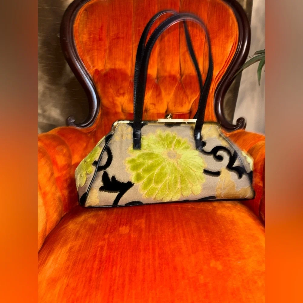 Glenda Gies Vintage Green Black Lime  Hand Bag Gold hardware & leather strap - Picture 2 of 14